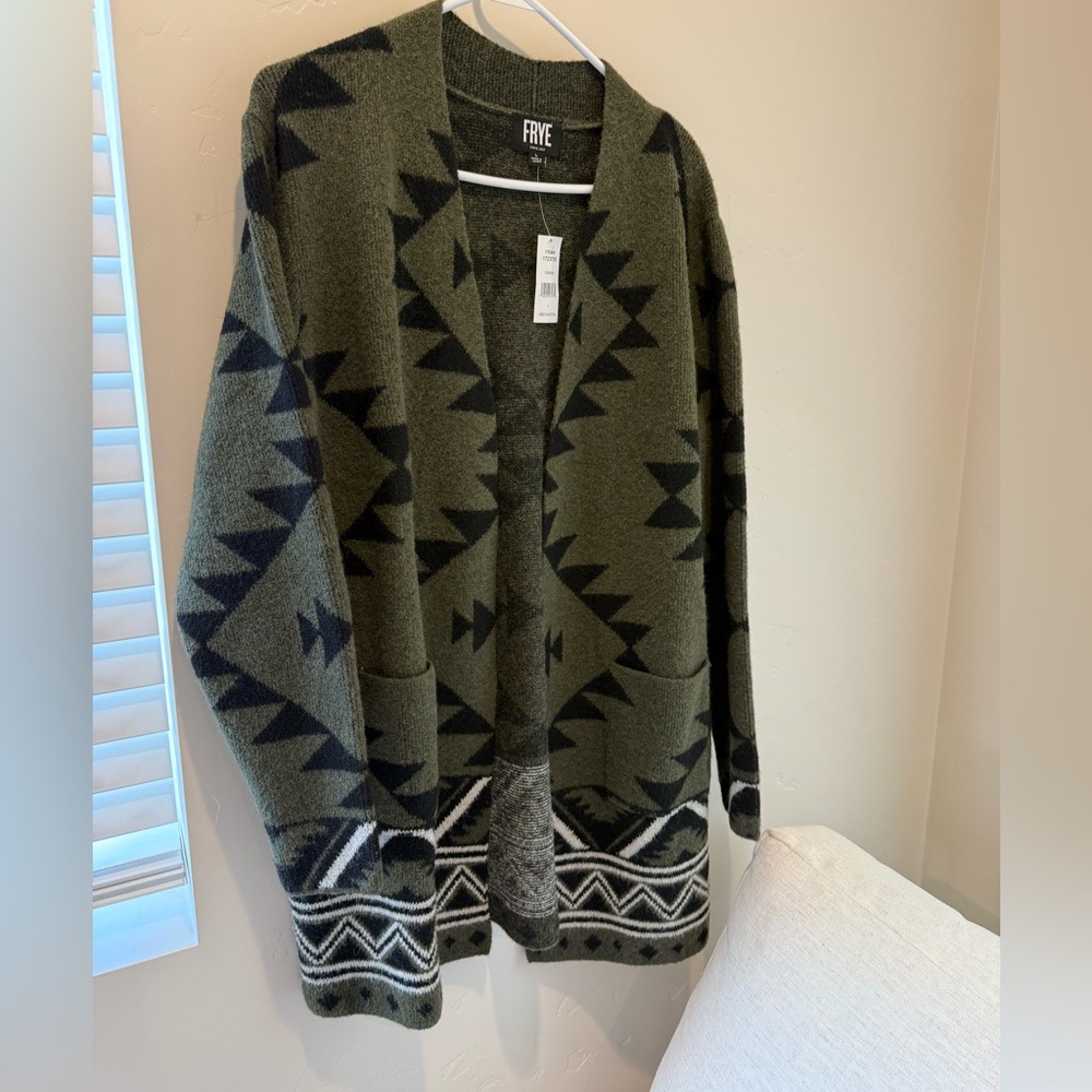 FRYE Olive & Black Aztec Open-Front Cardigan